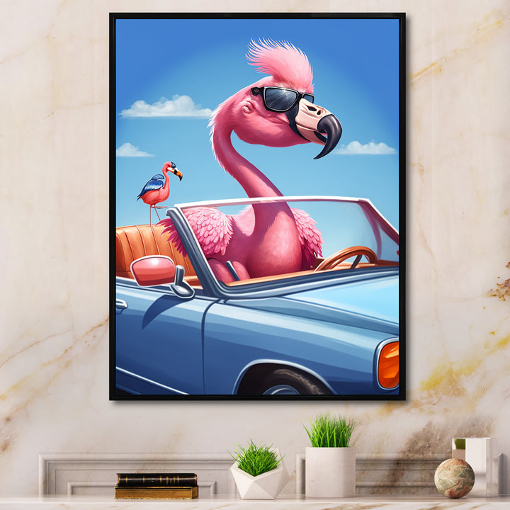 Pink Flamingo Wearing Sunglasses In Sportscar - Flamingo Canvas Wall Art