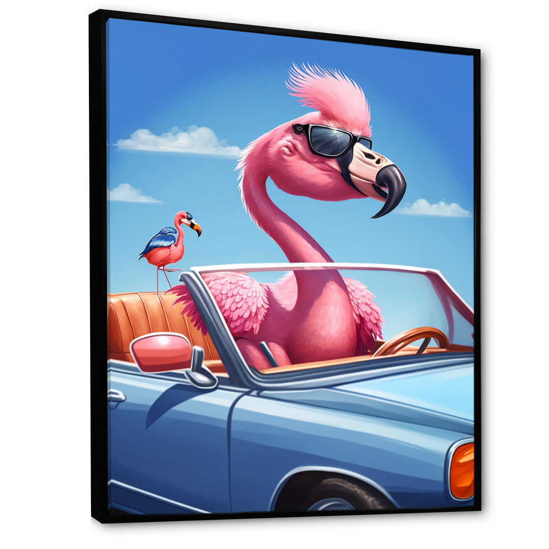 Pink Flamingo Wearing Sunglasses In Sportscar - Flamingo Canvas Wall Art