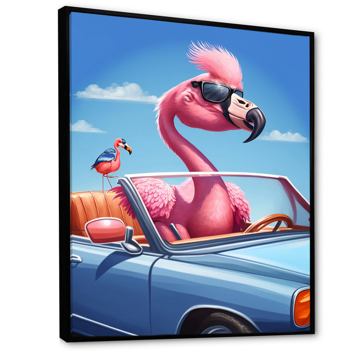 Pink Flamingo Wearing Sunglasses In Sportscar - Flamingo Canvas Wall Art
