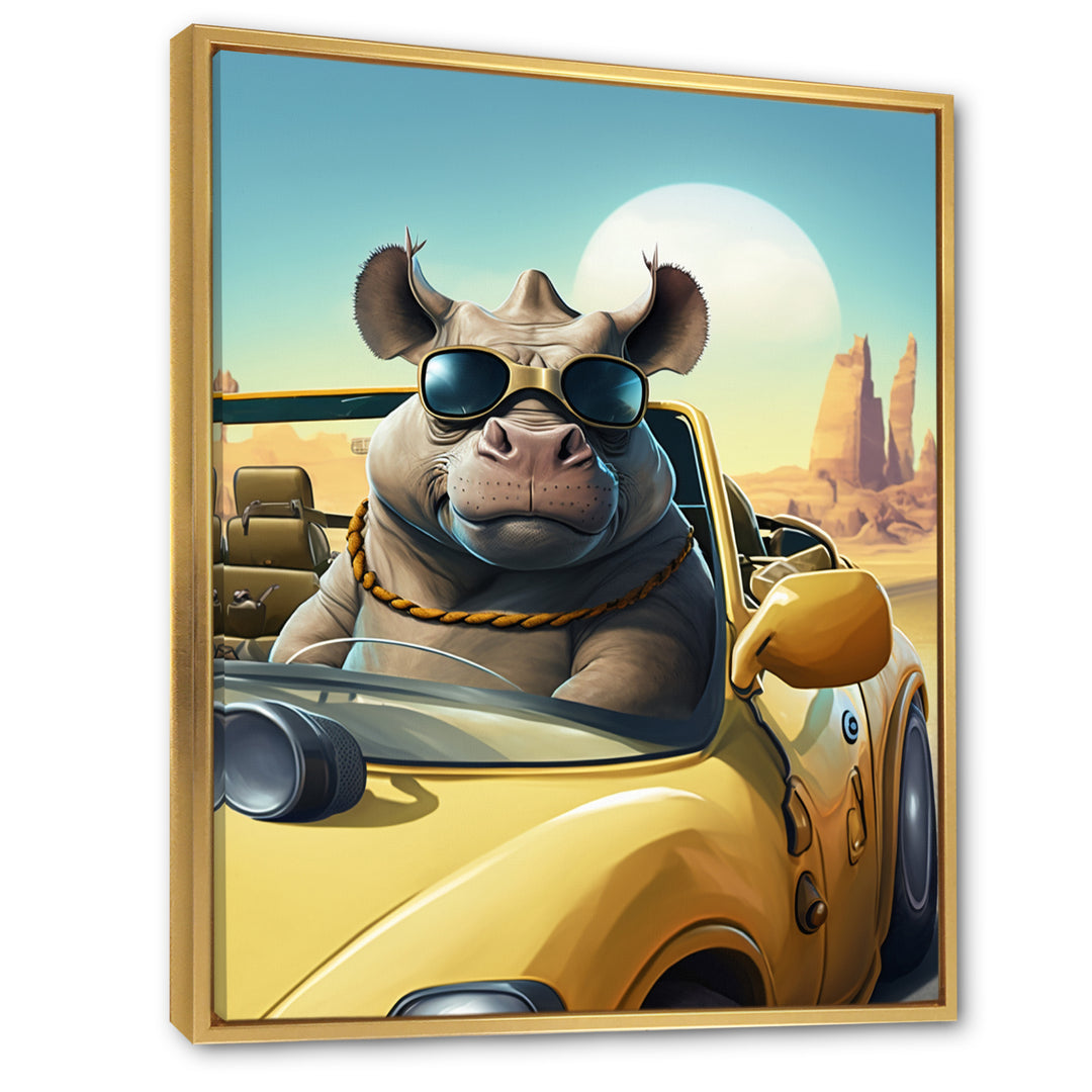 Grey Rhino Wearing Sunglasses In Sportscar - Rhino Wall Decor