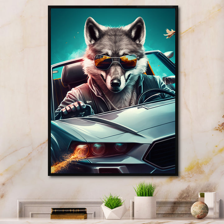 Grey Wolf Wearing Sunglasses in Sportscar - Wolf Wall Decor