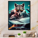 Grey Wolf Wearing Sunglasses in Sportscar - Wolf Wall Decor