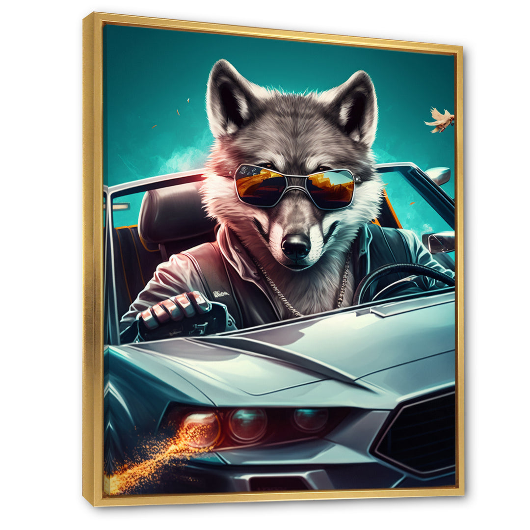Grey Wolf Wearing Sunglasses in Sportscar - Wolf Wall Decor