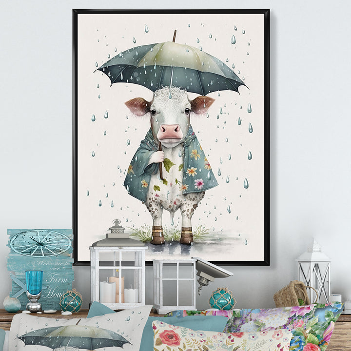 Cute Cow With Umbrella Rainy Day - Cow Wall Decor