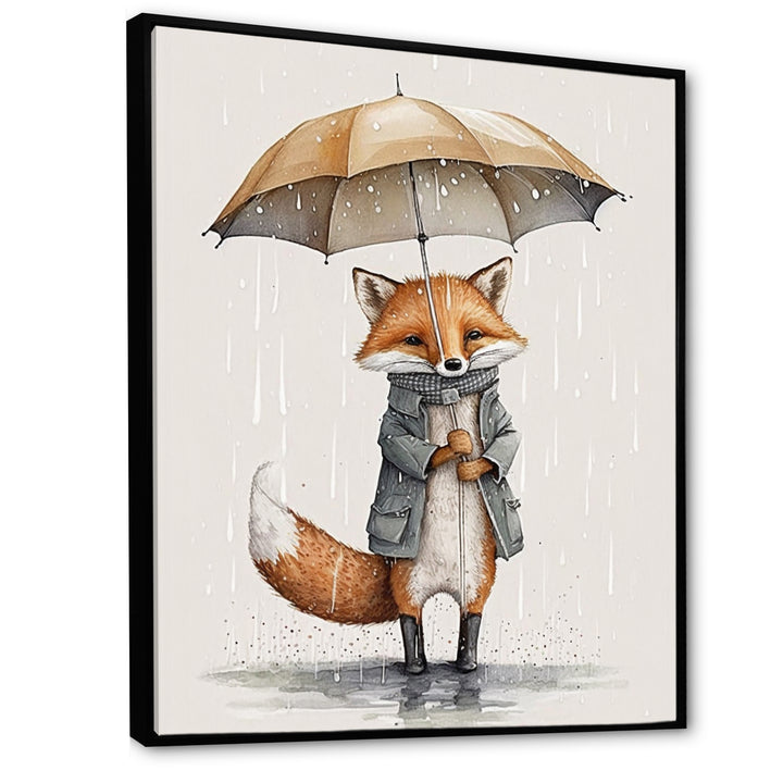 Cute Fox With Umbrella Rainy Day - Fox Wall Decor