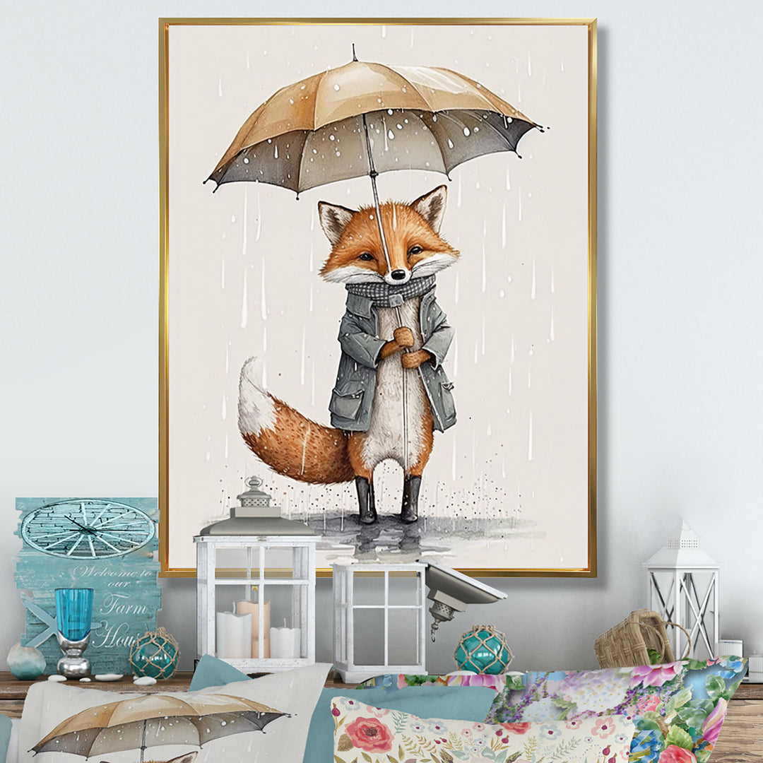 Cute Fox With Umbrella Rainy Day - Fox Wall Decor