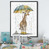 Cute Giraffe With Umbrella Rainy Day - Giraffe Wall Art Prints