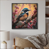 Blue Bird On A Branch - Bird Floral Framed Canvas Art