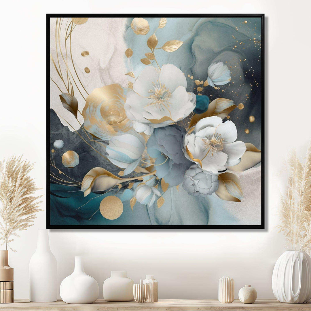 Blue Marble Gold Floral Impressions II - Floral Canvas Wall Art