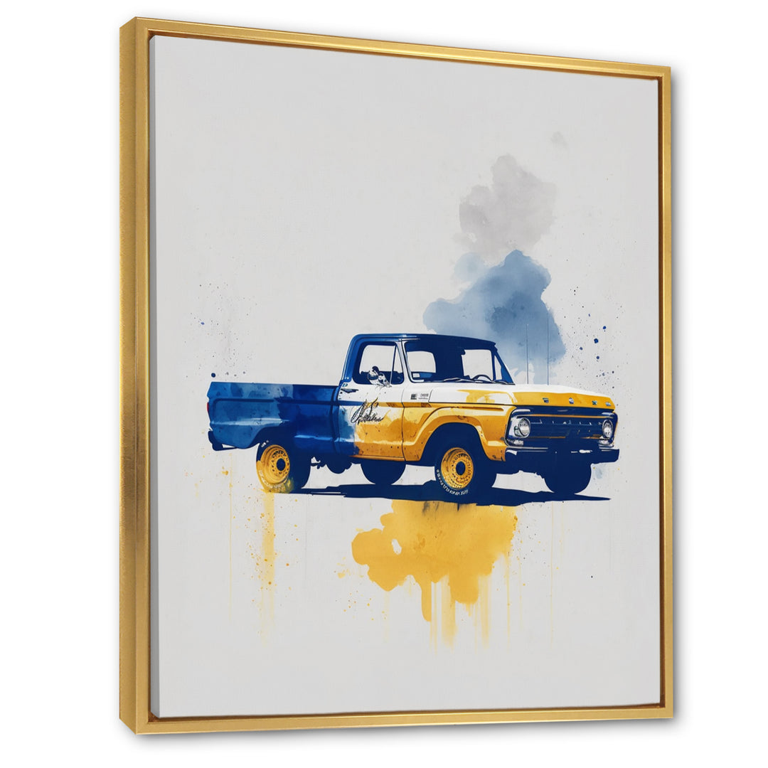 Blue And Yellow Retro Car Treasures - Pickup Truck Canvas Wall Art