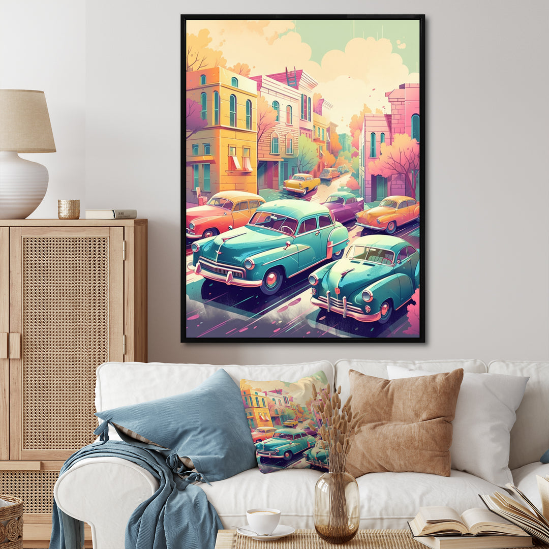 Green And Coral Retro Roadsters - Cars Retro Canvas Wall Art
