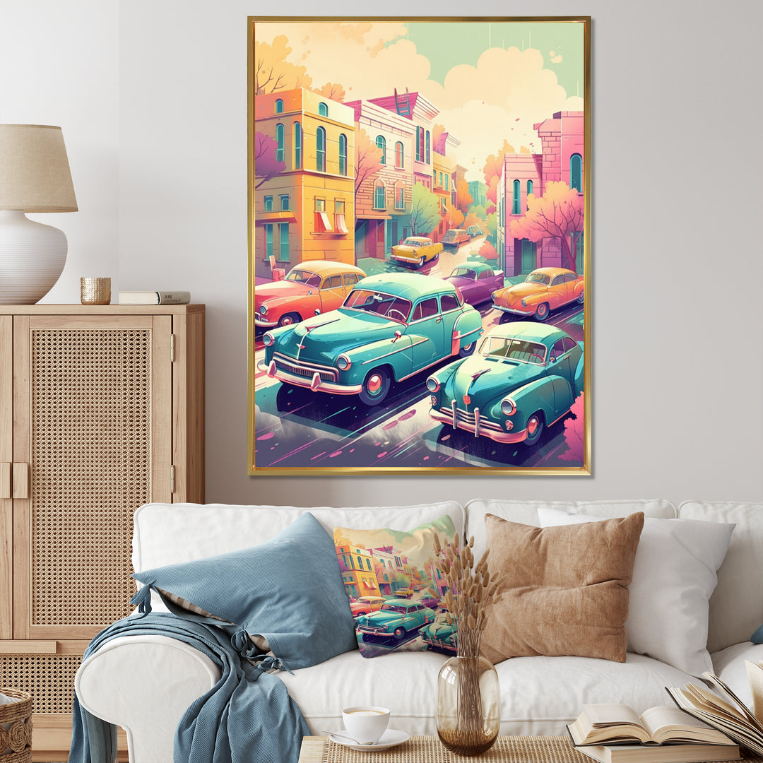 Green And Coral Retro Roadsters - Cars Retro Canvas Wall Art
