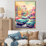 Green And Coral Retro Roadsters - Cars Retro Canvas Wall Art