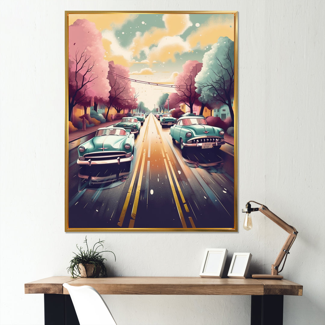 Green And Pink Retro Roadsters - Cars Retro Canvas Wall Art