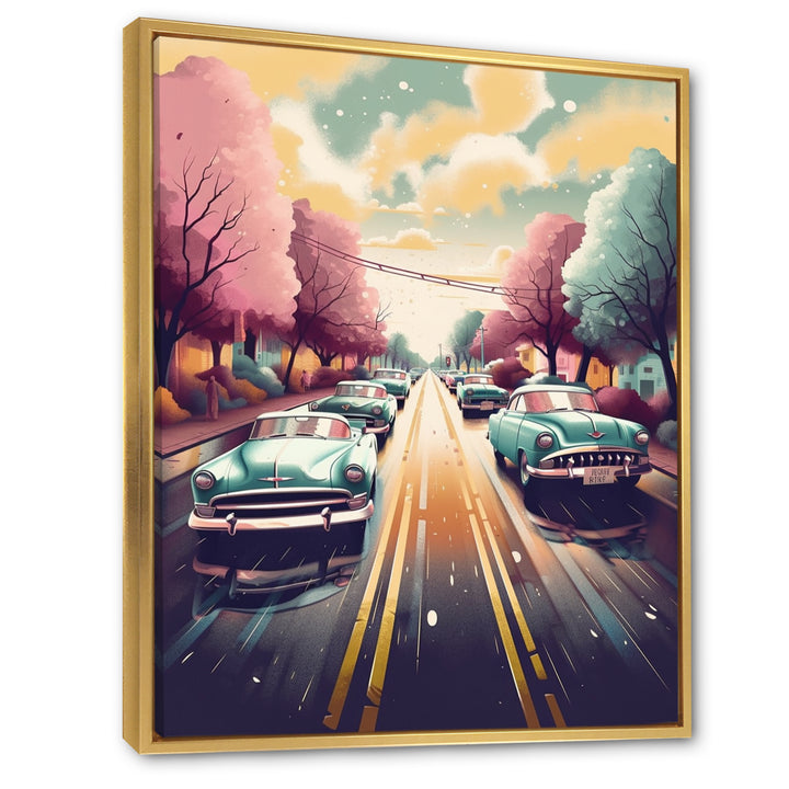 Green And Pink Retro Roadsters - Cars Retro Canvas Wall Art
