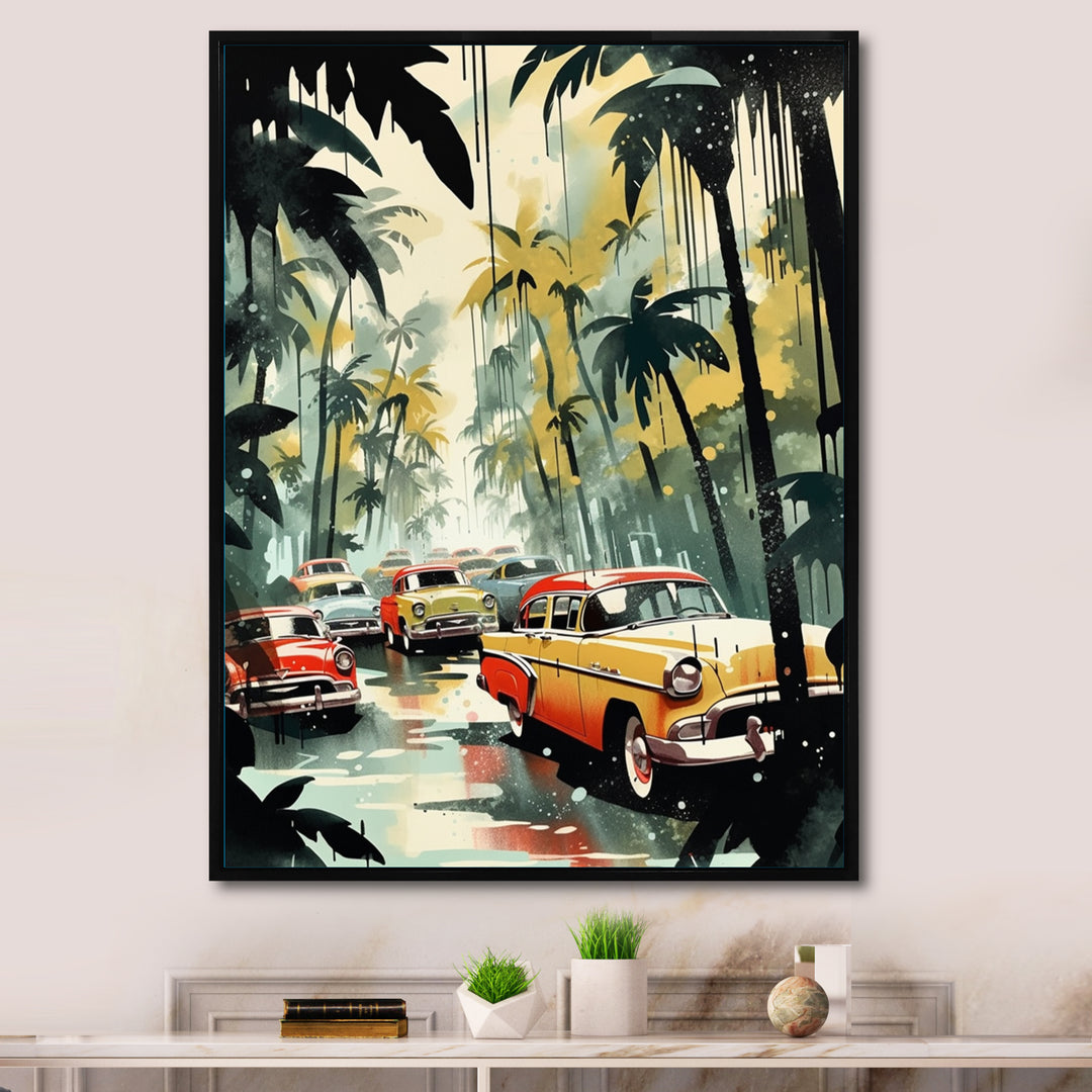 Yellow And Black Cars In Tropical Paradise - Cars Retro Canvas Wall Art