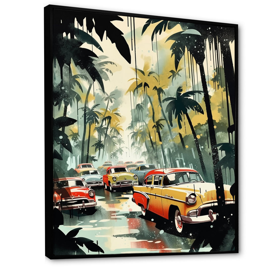 Yellow And Black Cars In Tropical Paradise - Cars Retro Canvas Wall Art