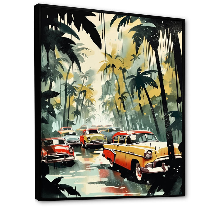 Yellow And Black Cars In Tropical Paradise - Cars Retro Canvas Wall Art