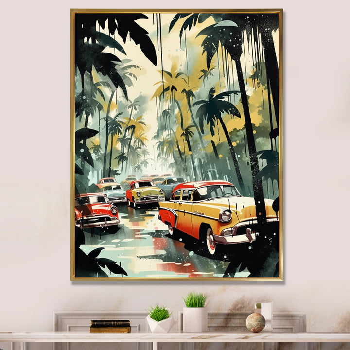 Yellow And Black Cars In Tropical Paradise - Cars Retro Canvas Wall Art