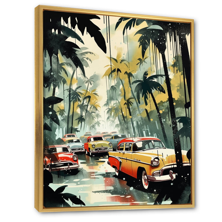 Yellow And Black Cars In Tropical Paradise - Cars Retro Canvas Wall Art