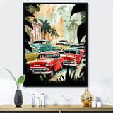 Red And Green Retro Cars In Tropical Paradise - Cars Retro Canvas Wall Art