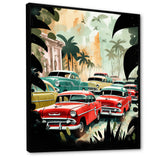 Red And Green Retro Cars In Tropical Paradise - Cars Retro Canvas Wall Art