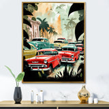 Red And Green Retro Cars In Tropical Paradise - Cars Retro Canvas Wall Art