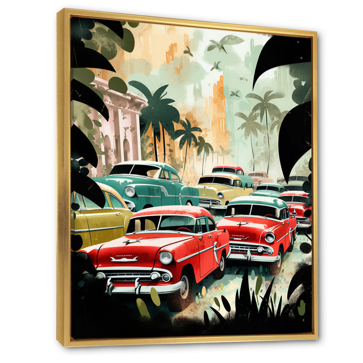 Red And Green Retro Cars In Tropical Paradise - Cars Retro Canvas Wall Art