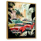 Red And Green Retro Cars In Tropical Paradise - Cars Retro Canvas Wall Art