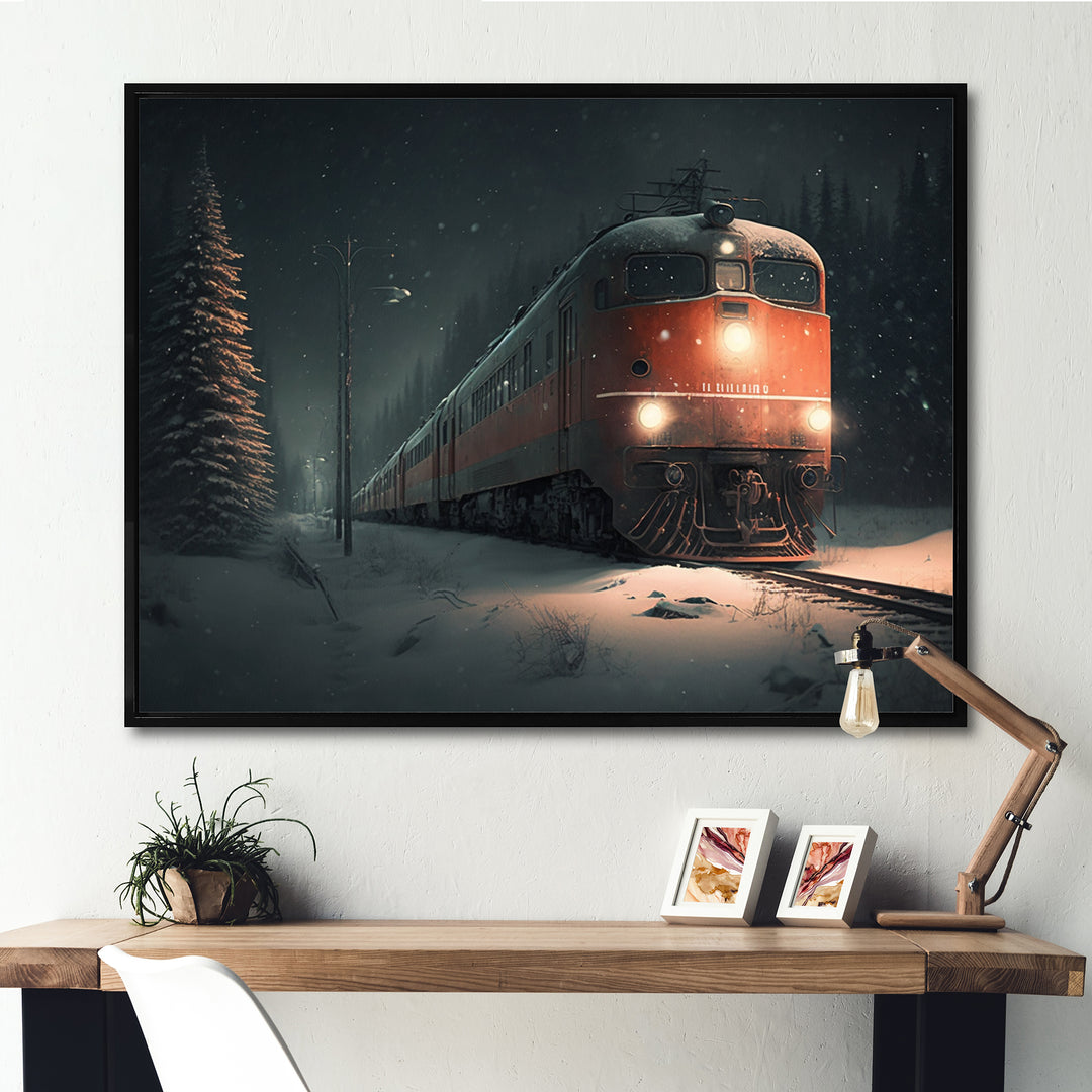Train In Snowstorm - Transportation Train Canvas Wall Art