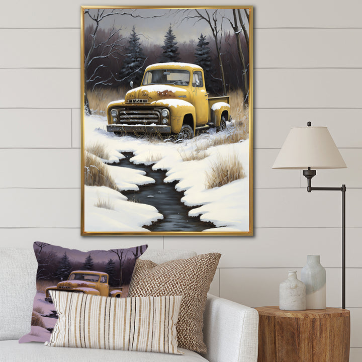 Yellow And Grey pickup truck in winter - Pickup Truck Canvas Wall Art