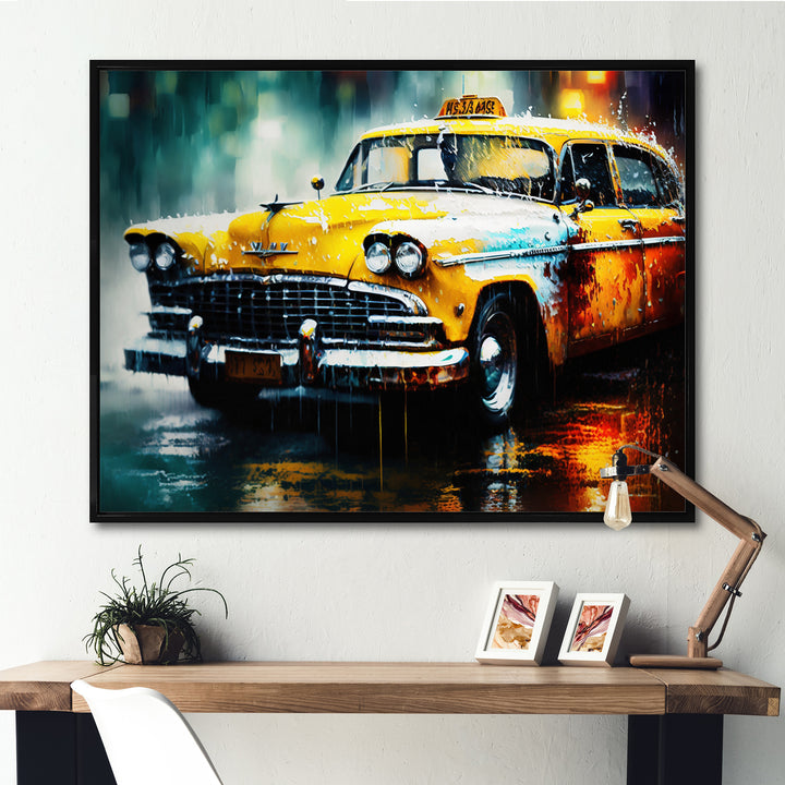 Taxi In The Rain` I - Cars Retro Canvas Wall Art