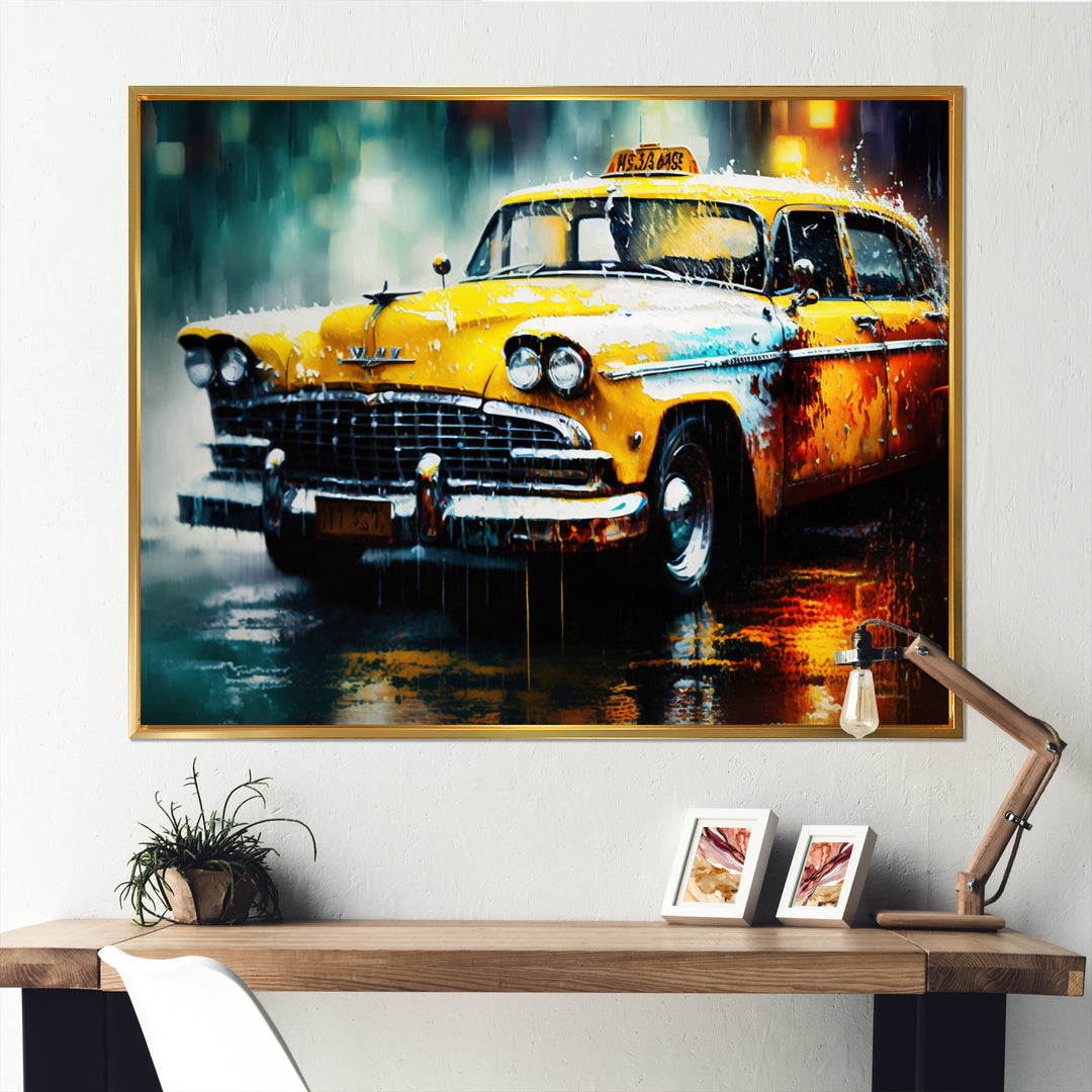 Taxi In The Rain` I - Cars Retro Canvas Wall Art