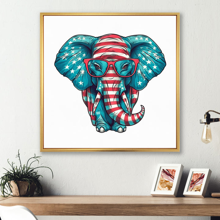 Blue Red Elephant With Glasses - Blue Elephant Fashion Wall Art