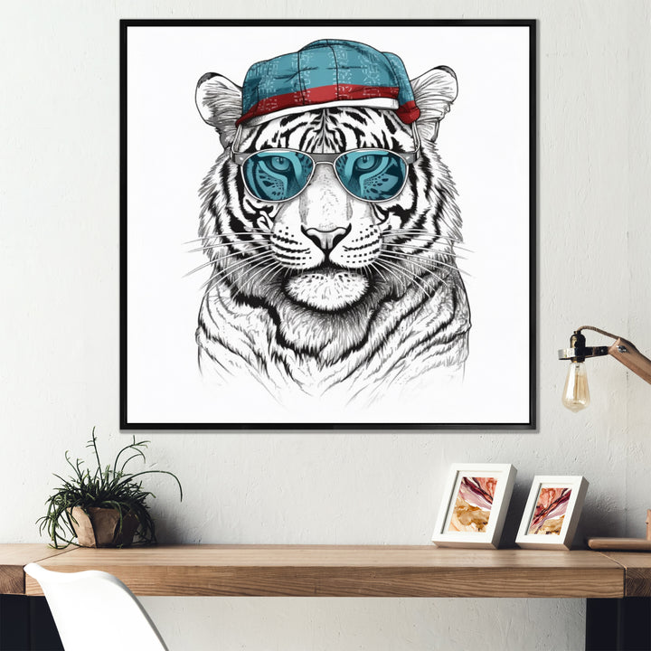 Blue Grey Tiger With Sunglasses - Tiger Fashion Canvas Wall Art