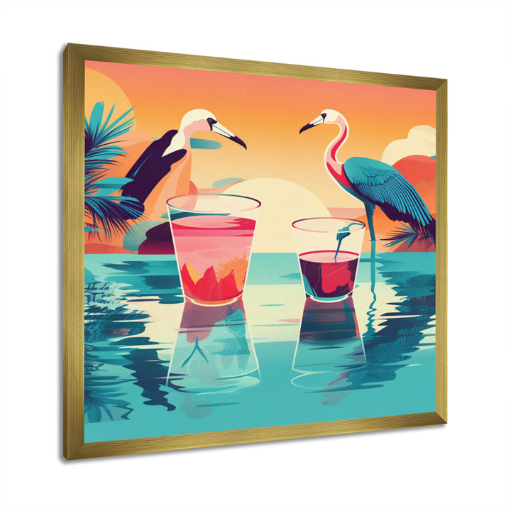 Blue Pink Flamingos In The Sea At Sunset - Flamingo Living Room Wall Art