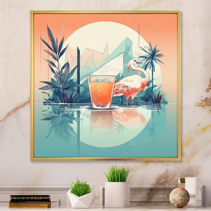 Orange Green Flamingo With A Drink - Flamingo Canvas Wall Art