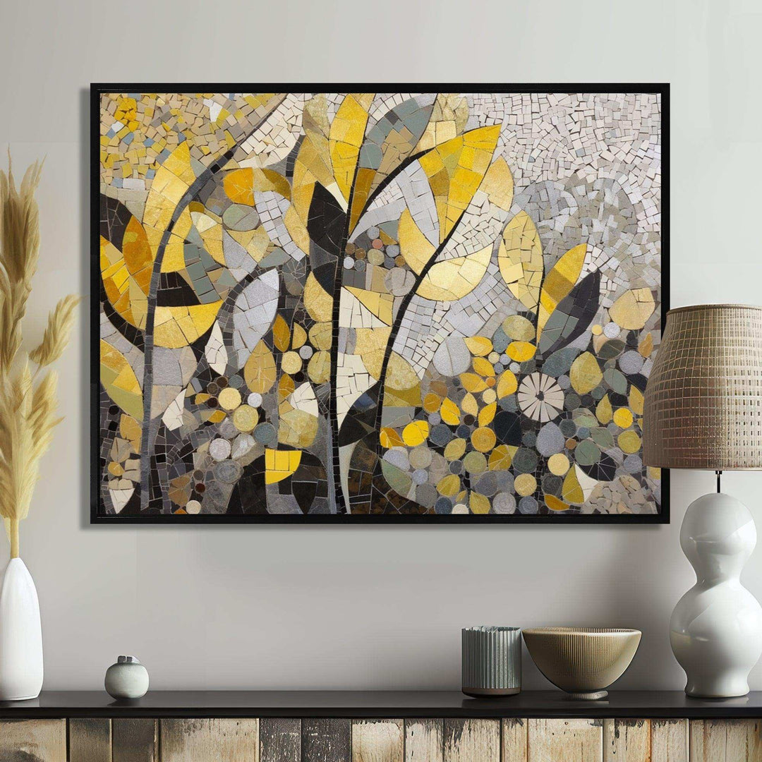Yellow And Grey Patterns In Artistic Fusion - Geometric Canvas Wall Art