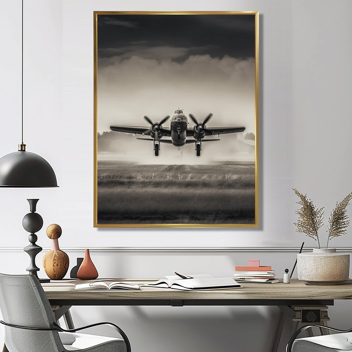 Grey And Airplane Landing - Plane Canvas Wall Art