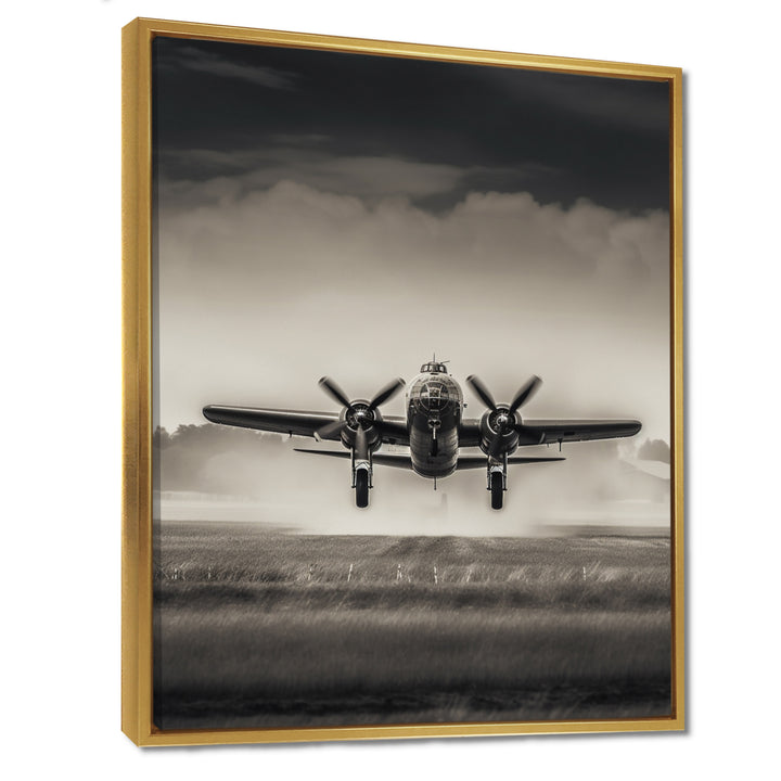 Grey And Airplane Landing - Plane Canvas Wall Art