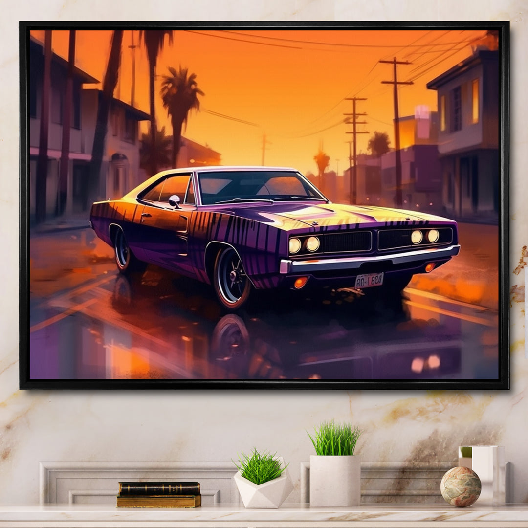 Purple And Yellow Roaring Legends - Cars American Muscle Canvas Wall Art