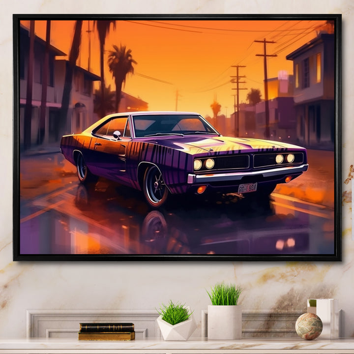 Purple And Yellow Roaring Legends - Cars American Muscle Canvas Wall Art
