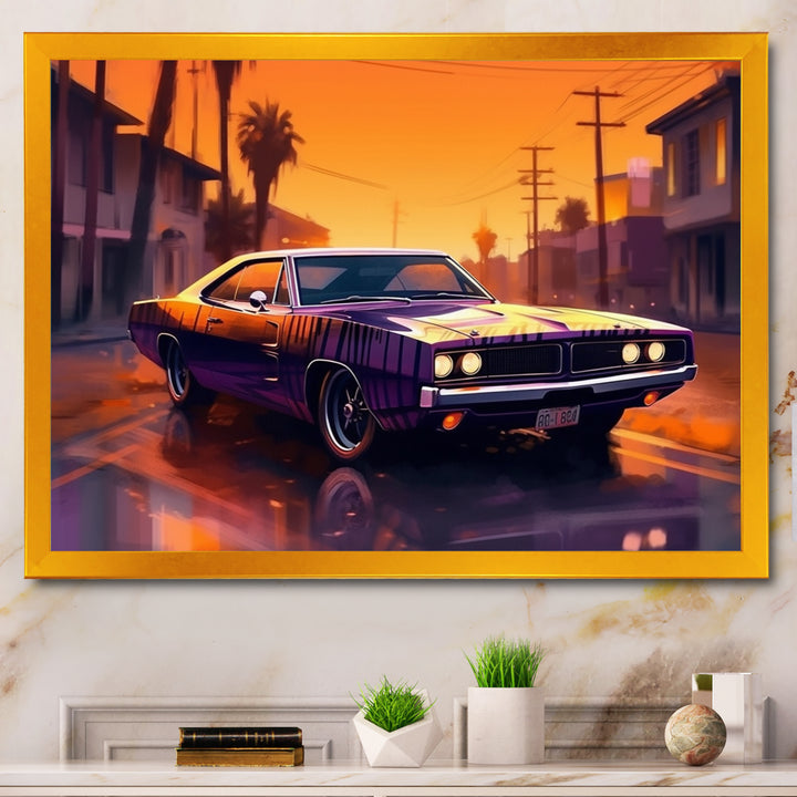 Purple And Yellow Roaring Legends - Cars American Muscle Canvas Wall Art