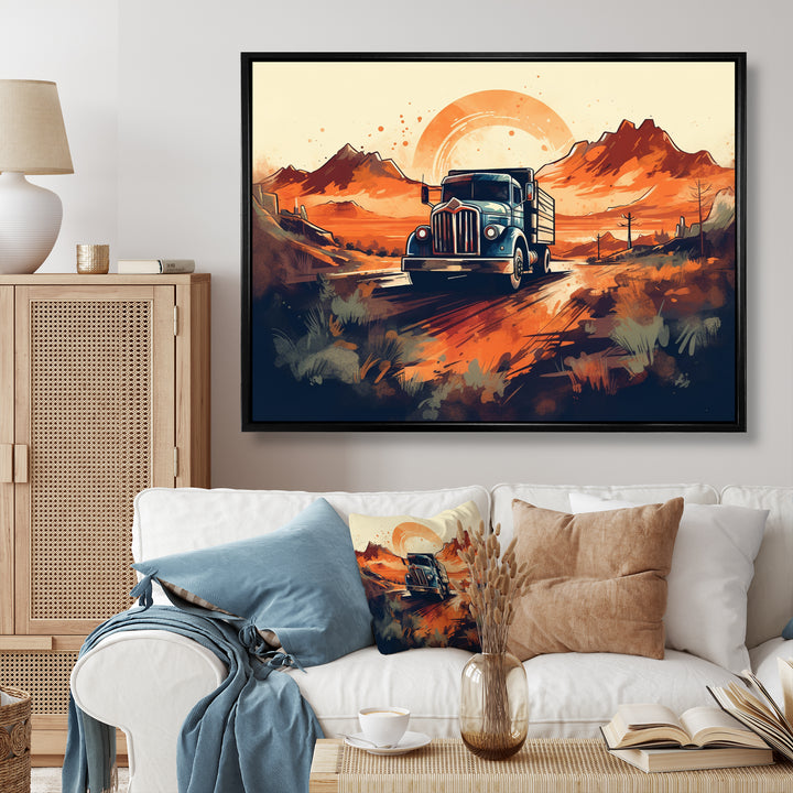 Orange And Blue Dusty Truck 53ft - Truck Trailer Canvas Wall Art