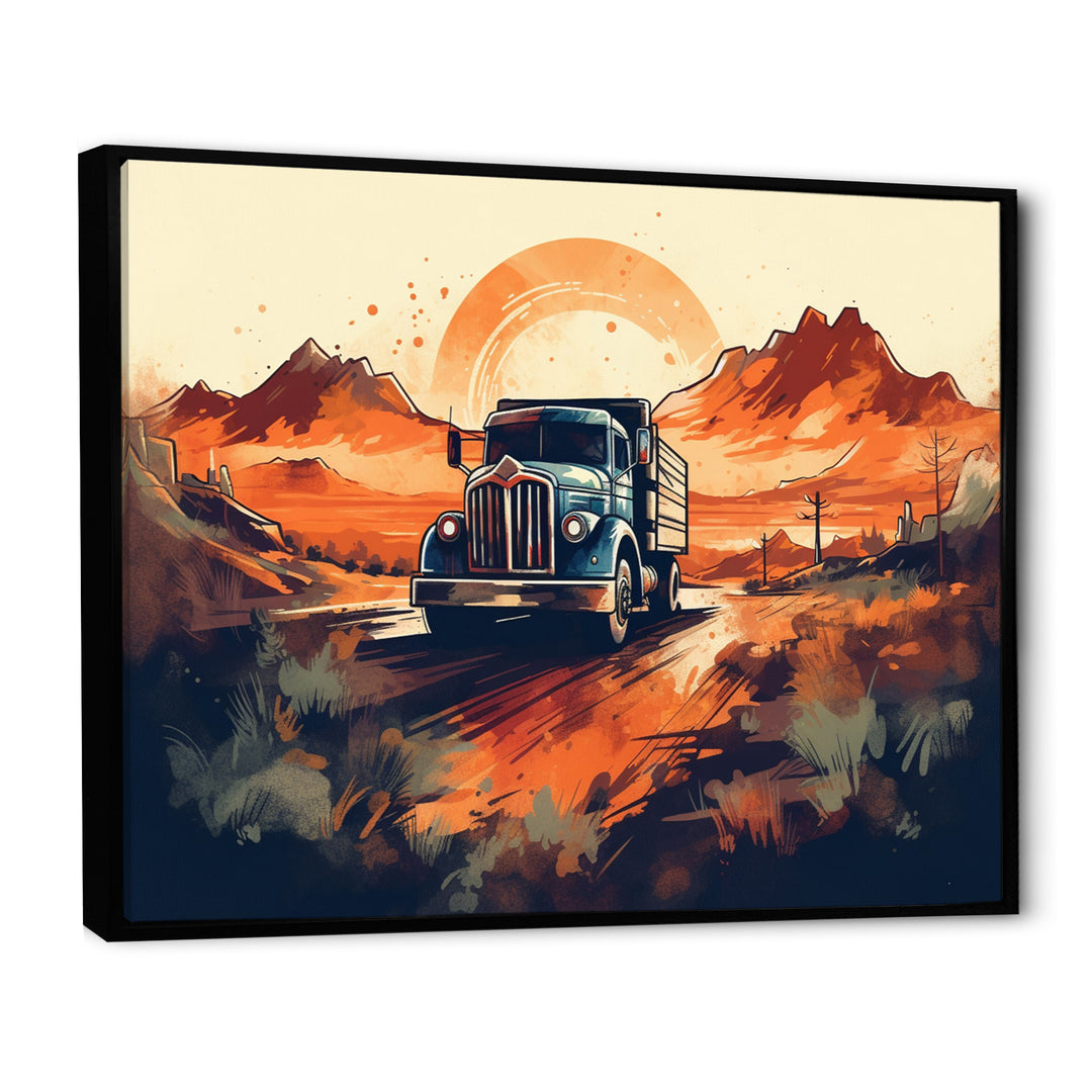 Orange And Blue Dusty Truck 53ft - Truck Trailer Canvas Wall Art