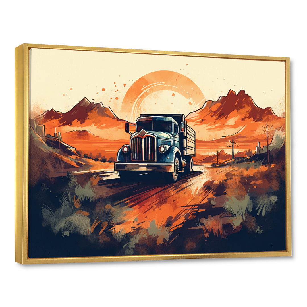 Orange And Blue Dusty Truck 53ft - Truck Trailer Canvas Wall Art