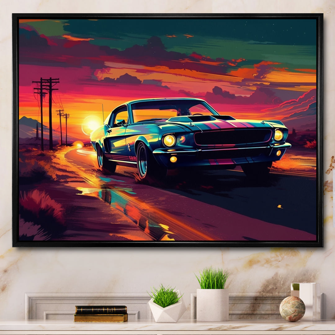 Green And Pink Muscle Car Melodies - Cars Off-Road Canvas Wall Art