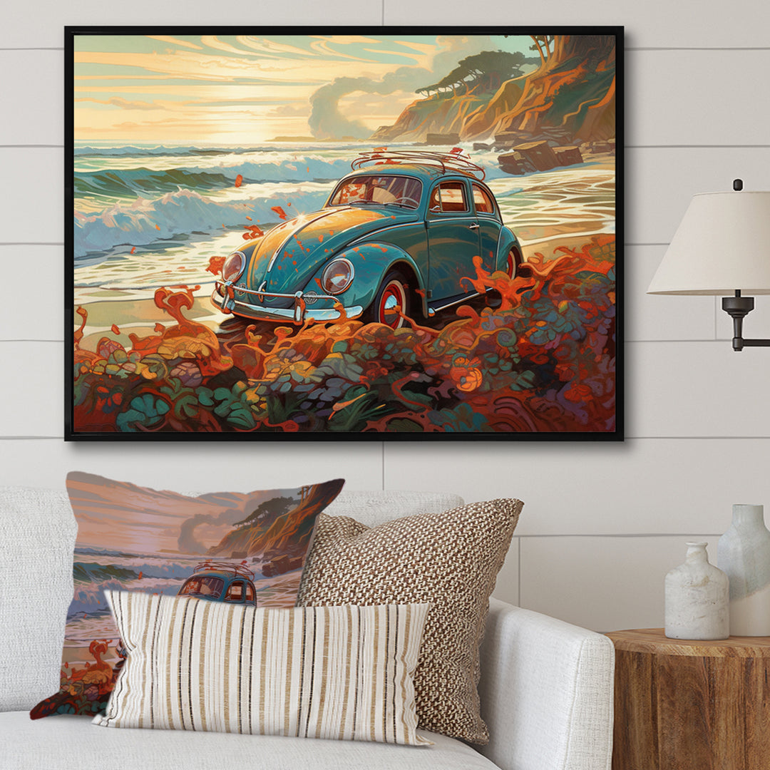Green And Orange Vintage Charm Of The Beach Bug I - Cars Retro Canvas Wall Art