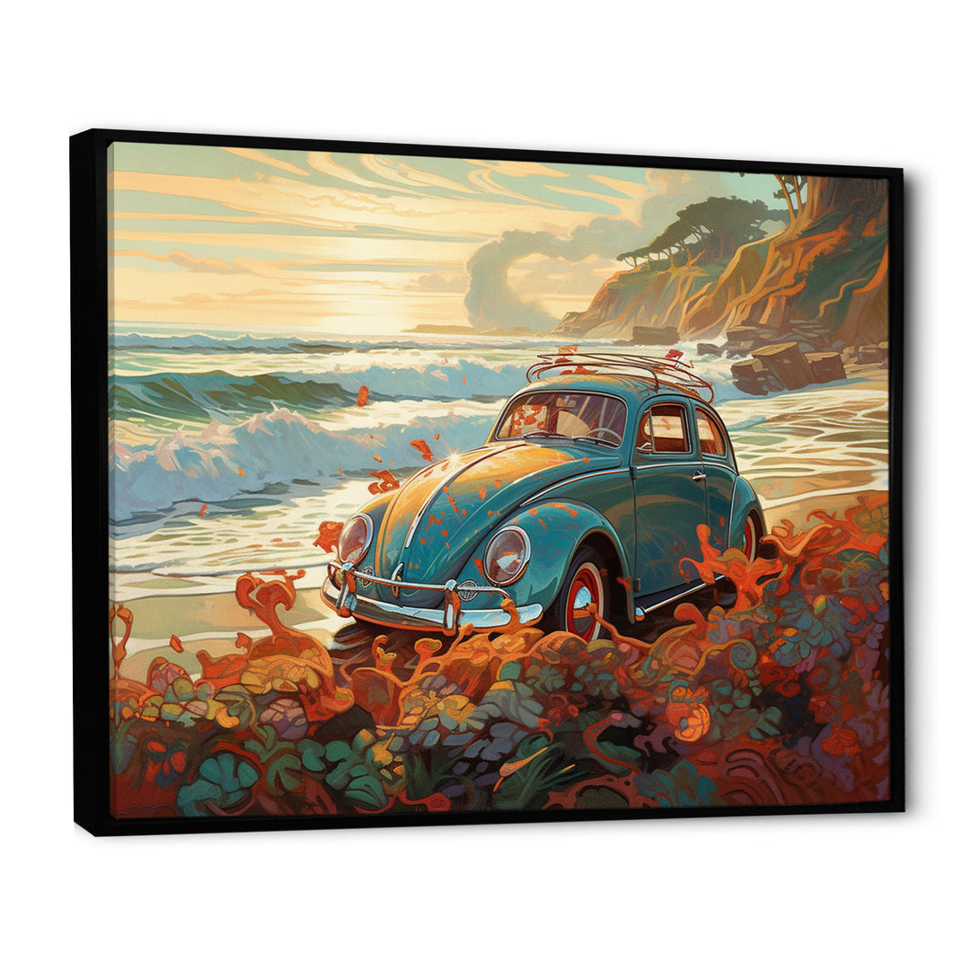 Green And Orange Vintage Charm Of The Beach Bug I - Cars Retro Canvas Wall Art