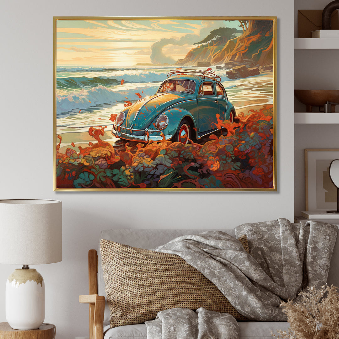 Green And Orange Vintage Charm Of The Beach Bug I - Cars Retro Canvas Wall Art